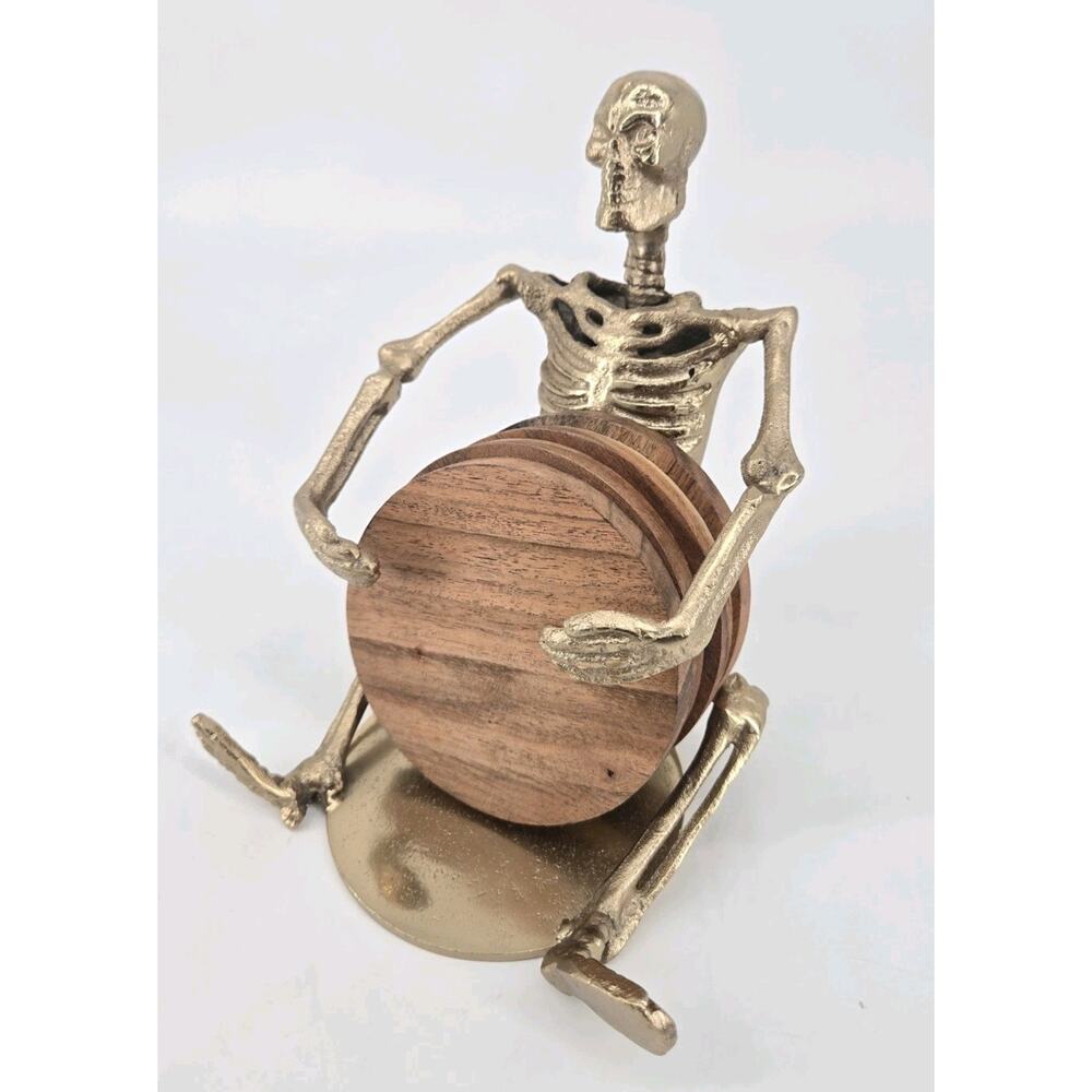 Gold Tone Gothic Metal Skeleton Coaster Holder With 4 Wooden Coasters